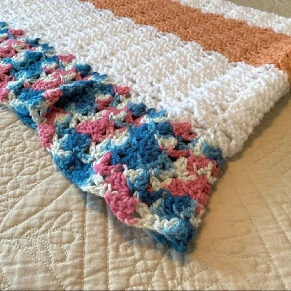 Handmade Vintage Sherbet Crocheted Afghan Baby Blanket Or Throw